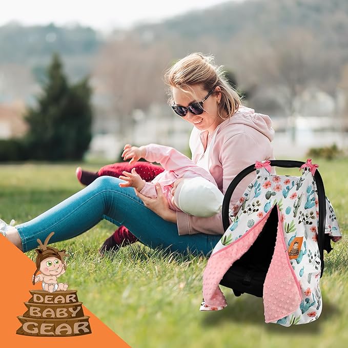 Dear Baby Gear Carseat Canopy with Snap Opening for Girls - Infant Canopies - Nursing Covers - 37" x 29" (Watercolor Cactus Floral, Coral)