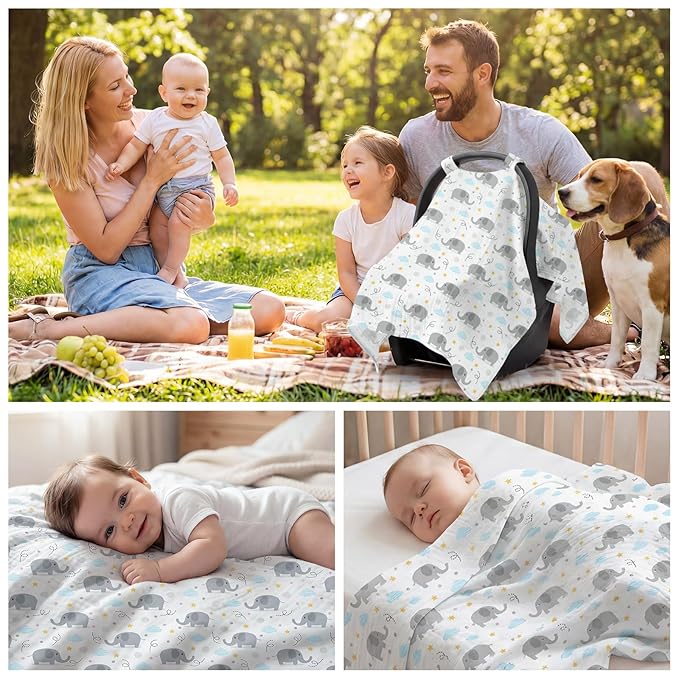 Car Seat Cover Baby, 100% Muslin Cotton Infant Car Seat Canopy, Universal Baby Car Seat Cover, Breathable Nursing Cover Canopy Shower Gift Gray Elephant