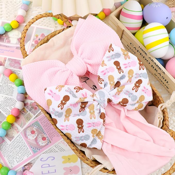 6” Easter Baby Hair Bows Easter Bunny Ears Bows for Girls Newborn Chocolate Rabbit Ears Hairbands Nylon Bows Headbands Easter Hair Accessories Pink