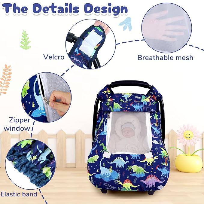 Baby Car Seat Cover, Windproof Carseat Cover for Infant Boys, Infant Breathable Carseat Canopy, Compatible with Most Baby Car Seat, Dinosaur