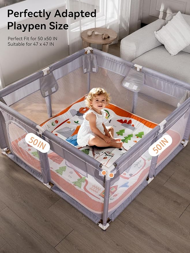TILLYOU Baby Play Mats for Floor, 50x50 Playpen Mat, Extra Thick Foam Play Mat for Babies and Toddlers, Foldable Baby Crawling Mat for Playpen, Zoo