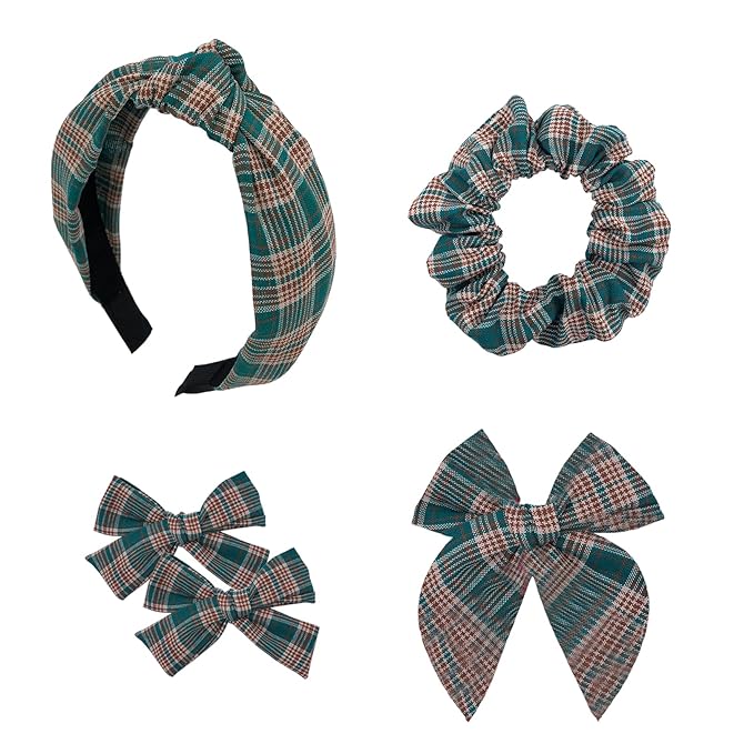 5 Pcs Plaid Headband Set with Knot Scrunchies, Padded Bows, Christmas Hair Clips for Women & Girls (Green)