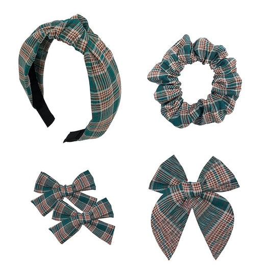 5 Pcs Plaid Headband Set with Knot Scrunchies, Padded Bows, Christmas Hair Clips for Women & Girls (Green)