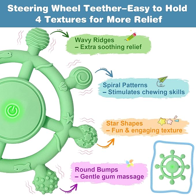 YOFUN 3-Speed Vibrating Baby Teether – Soothing Silicone Teething Toy for Infants 3M+, Food-Grade, USB Rechargeable – Soft & Safe Gum Relief for Babies (Green)