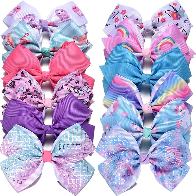 Eyegla Hair Bows For Girls 5 Inch Bow Hair Clips Girl Hair Bows For Hair Grosgrain Ribbon Hair Accessories Pack of 12 Color