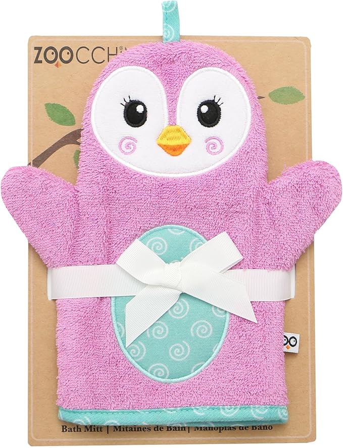 ZOOCCHINI Bath Mitt for Kids – 100% Cotton Terry with Soft Lining, Playful Animal Puppet Design for Fun Bathtime, One Size 5” x 9.25”, Penny the Penguin