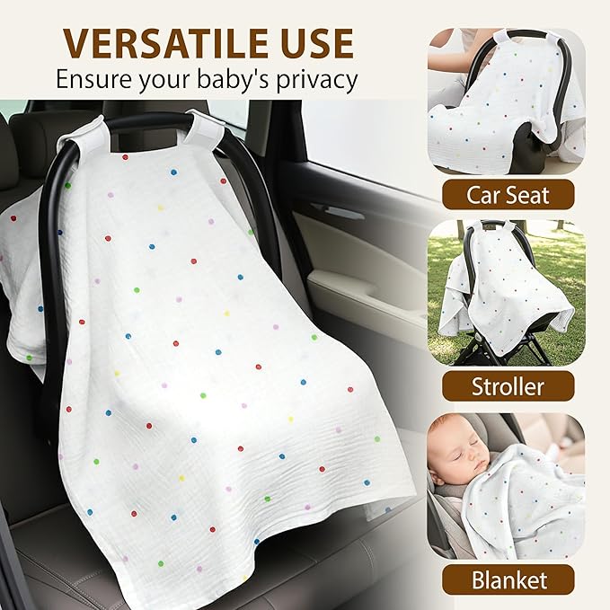 100% Organic Muslin Cotton Car Seat Cover 35 x 50 Inches Soft Touch Breathable Canopy, Protective Car Seat Cover Baby All Seasons Lightweight Car Seat Cover Travel Comfort (Multi-Color Dots)