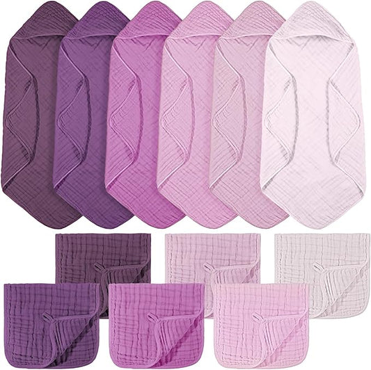 VitalCozy 12 Pcs Baby Muslin Hooded Bath Towels and Washcloths, Muslin Hooded Baby Towels Absorbent Blankets for Gift Newborn Infant Shower (Purple Series)