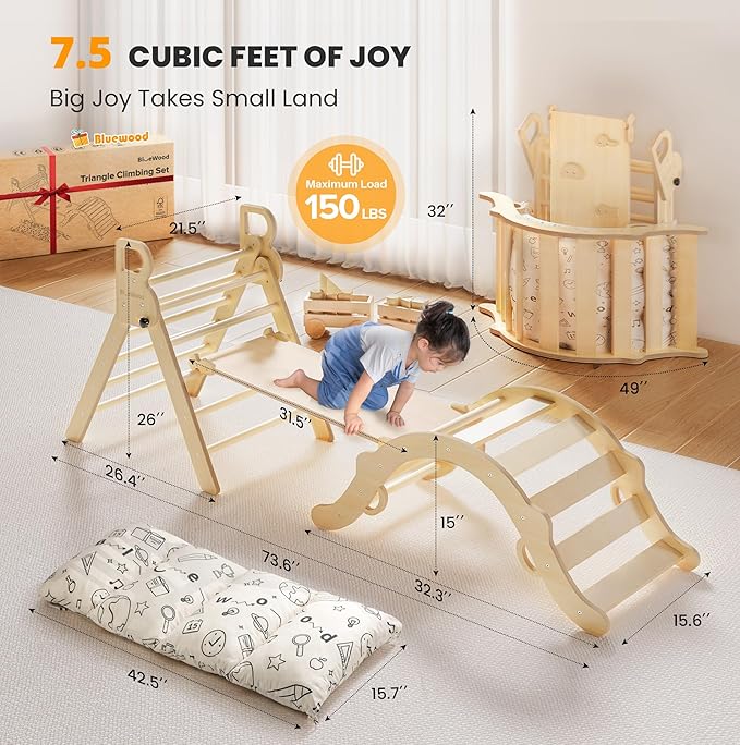 BlueWood Pikler Triangle Set with Cushion, 8-in-1 Climbing Toys for Toddlers, Montessori Philosophy Play Jungle Gym with Arch, Ramp, Ladder(Natural Wood)
