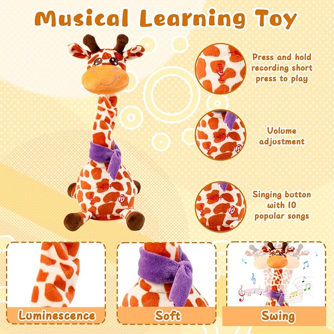 Dancing Talking Giraffe Plush Toy, Funny Singing Recording & Repeating Musical Giraffe, Unique Valentine's Day Gift for Girlfriend Boyfriend, Interactive Fun for Baby Toddlers Kids(Spot)