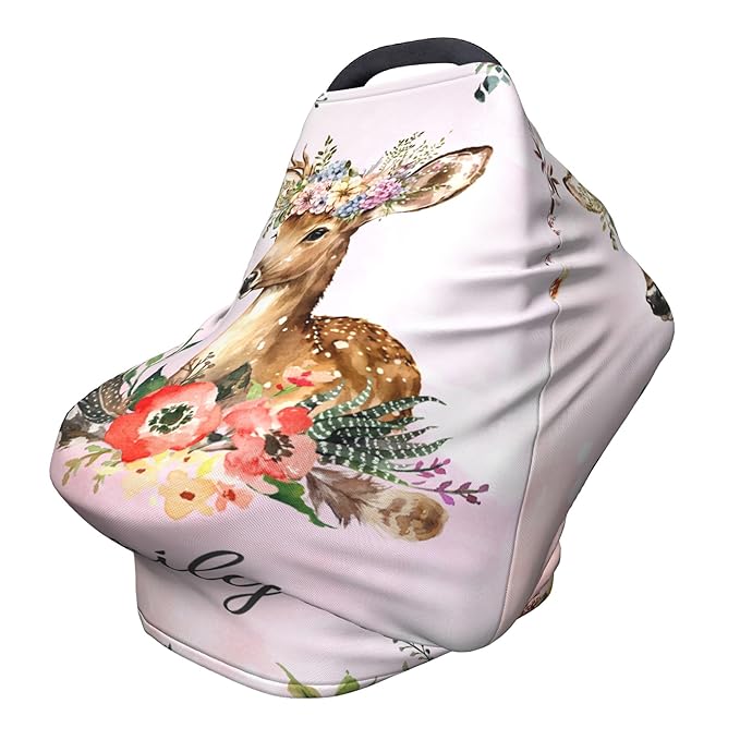 Personalized Deer Baby Car Seat Cover with Name,Multi-Use Canopy for Nursing, Strollers,Shopping Carts,Customized Breastfeeding Cover, Full Privacy,Infant Stroller Cover