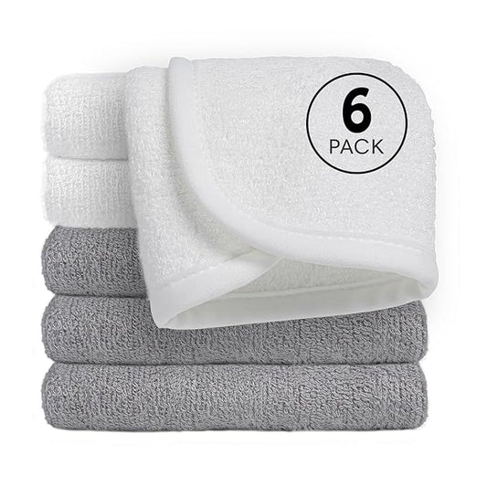 Reusable Organic Baby Washcloths Set: 6 Packs 10 * 10 Ultra Soft Wash Cloth Viscose from Bamboo Absorbent Infant Newborn Bath Face Towel Gentle for Delicate Skin Boys Girl (3 White+ 3 Gray)