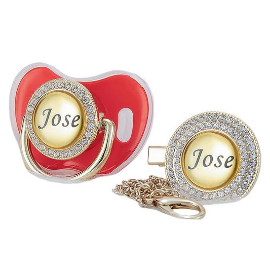 Custom Name Bling Pacifier & Clip Set – Personalized Binky for Baby Shower, Newborn Keepsake for Photos (Red)