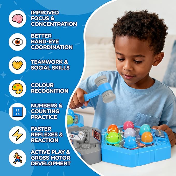 3-Player Whack Game Toy Mole with Lights & Sounds, 3Modes&7Speed Levels, LED Scoreboard, Interactive Hammer Toy, Educational Pounding Game for Kids Ages 3-10, Gifts for Boys & Girls