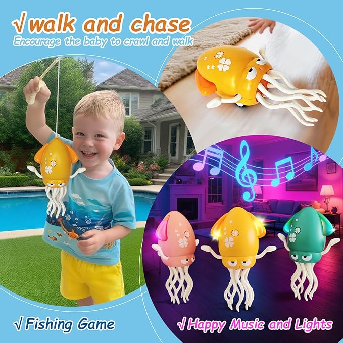 Electric Dancing Octopus Toy, Automatic Obstacle Avoidance Crawling Squid - Lights, Music, Crawling & Fishing Rod Play Fun Chase Toy for Kids Boy Girl Birthday Gifts (Yellow)