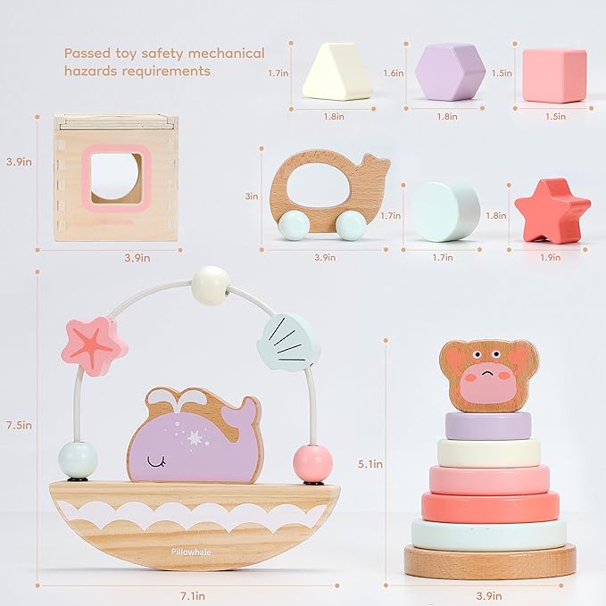 Pillowhale Montessori Wooden Toys Set for Toddlers 12M+ – 4-in-1 Educational Toy with Stacking Rings, Shape Sorter, Bead Maze & Push Car