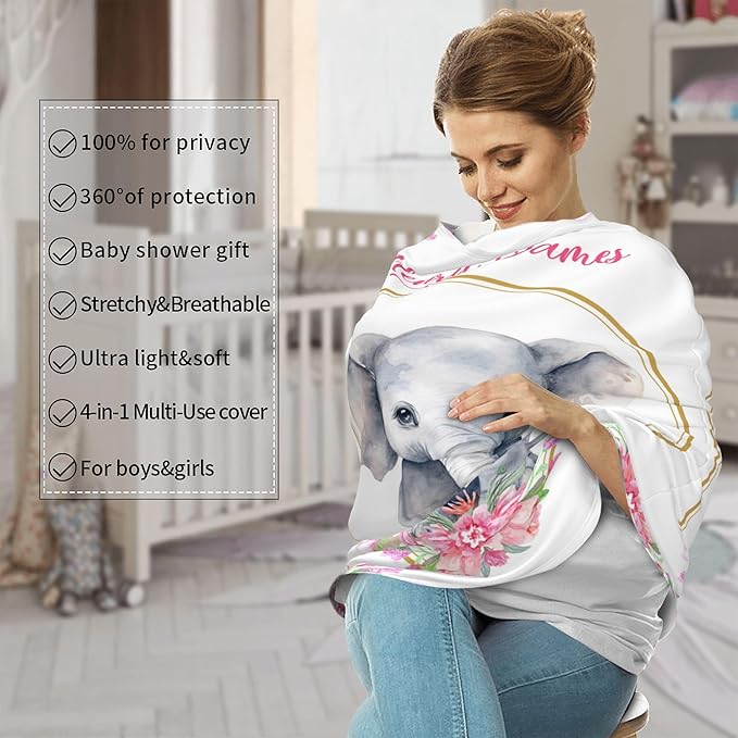 Personalized Car Seat Covers with Name, Elephant Baby Canopy Carrier Cover, Breathable Breastfeeding Nursing Cover, Stretchy Multi-Use Infant Carseat Stroller Cover