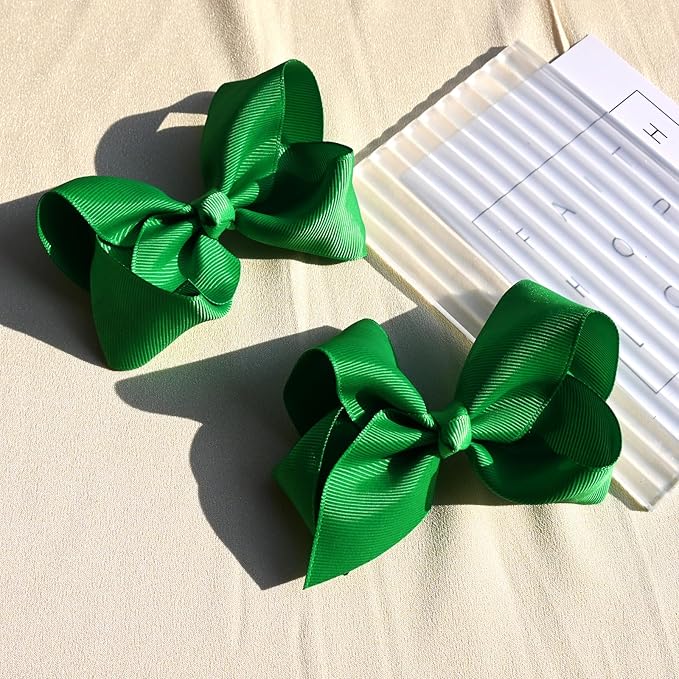 6 PCS 4.5" Solid Color Hair Bows Clips for Girls Toddler Hair Accessories - Green Grosgrain Ribbon Alligator Clips