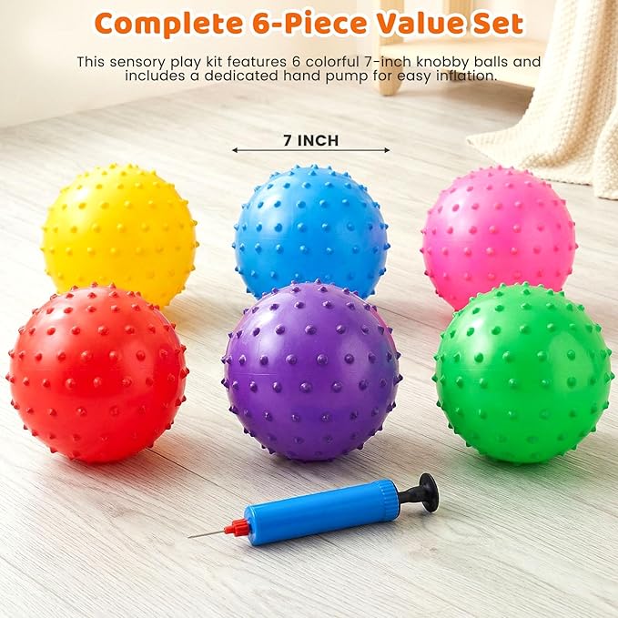LOVEINUSA 6PCS Bouncy Balls, 7 Inch Sensory Balls for Babies Toddlers, Mini Knobby Ball Spiky Massage Stress Ball with Pump, Party Favors for Kids, Classroom Prize, Goodie Bags Stuffers