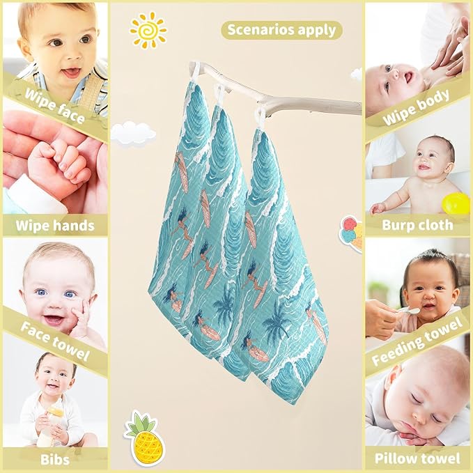 vvfelixl Baby Muslin Washcloths Summer Girl Surfing Baby Burp Cloths Cotton Babys Face Towel for Newborn Infants Boys Girls Soft and Absorbent 11.8 X 11.8 in, 3 Pack