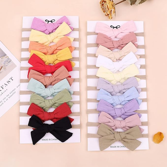 jollybows 20pcs Baby Girls Cotton Hair Bows Headbands Nylon Hair Bands Elastic Hair Accessories for Newborn Kids Infants Toddlers
