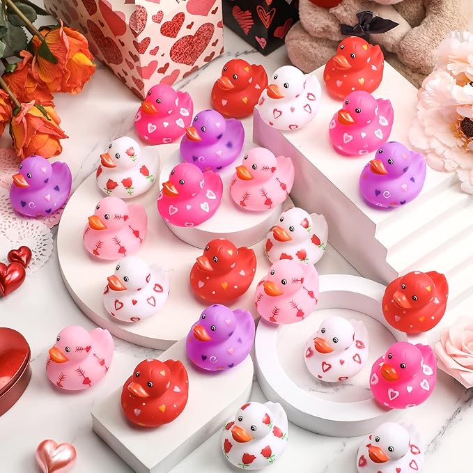 Jerify 72 Pcs 2 Inch Valentine's Day Rubber Duckies Bulk Mini Heart Rubber Ducks for Kids Bathtub Toys Classroom Prizes Birthday Wedding Party Favors Gifts Goodie Bag Fillers, 6 Styles (Cute)