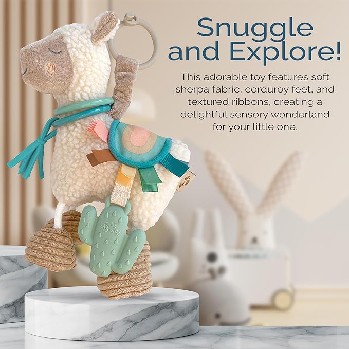 Itzy Ritzy Link & Love Toy for Stroller or Car Seat – Features Textured Ribbons, Crinkle Sounds, Clinking Rings & Silicone Teether – Designed For Ages 0 Months and Up (Llama)