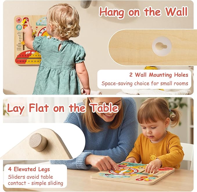 Costzon Montessori Kids Daily Learning Clock Toy, Wooden Educational Learning Clock Toy About Season, Weather, Day, Night, Month, Week & Date, Toddlers Daily Calendar for Preschool Boys Girls Aged 3+