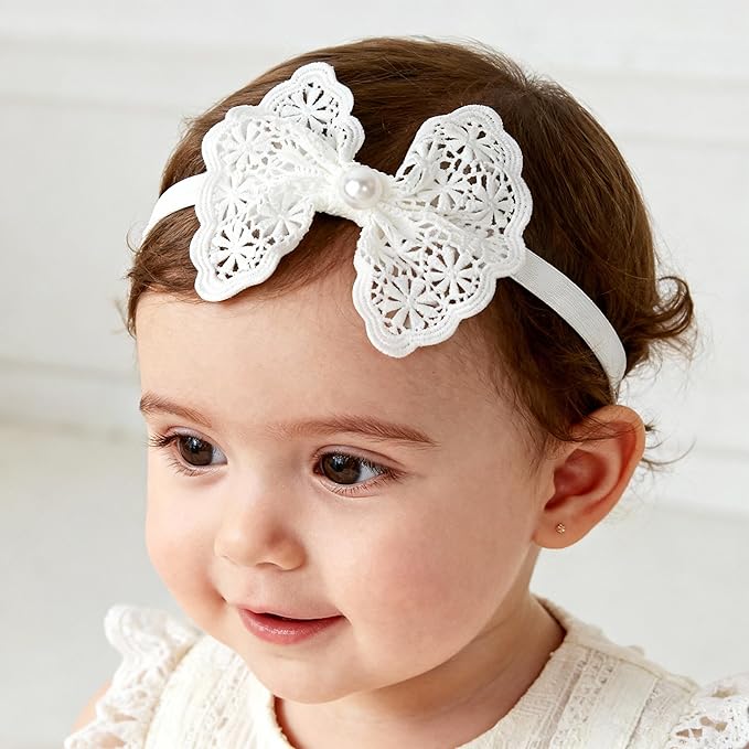 Baby Girls Hairbands bows Headband Stretchy Soft Flower Hairband Toddler Handmade Headbands with Pearls Elastic Headband for Infant Toddler Girl Hair Accessories (Hollow Bow, Elastic)