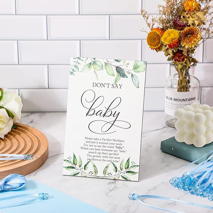 Geetery 51 Pcs Don't Say Baby Game Sign Greenery Cool Baby Shower Game 50 Pacifier Necklace Wooden Don't Say Sign Plastic Pacifier Party Favor for Gender Reveal(Greenery,Blue)