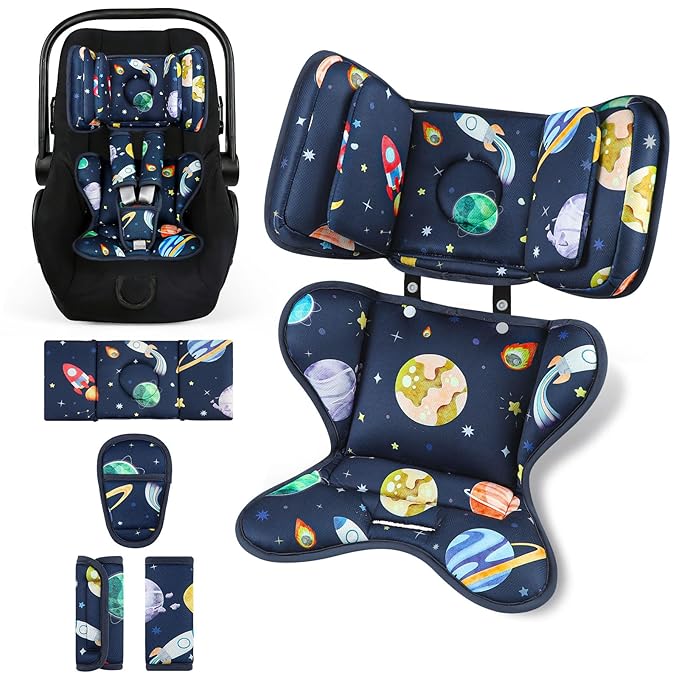 Infant Car Seat Insert with 2 Headrests for Doona|Graco, Thickened Baby Car Seat Cushion for Newborn, Car Seat Head Support Shoulder Covers Set Fits for Stroller, Baby Swing, Bouncer (Blue, Space)