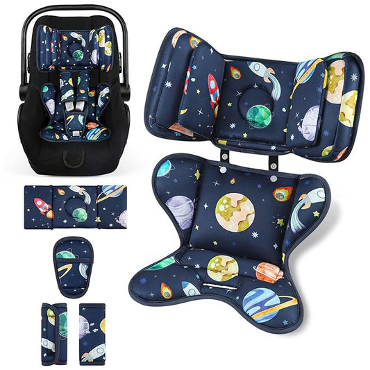 Infant Car Seat Insert with 2 Headrests for Doona|Graco, Thickened Baby Car Seat Cushion for Newborn, Car Seat Head Support Shoulder Covers Set Fits for Stroller, Baby Swing, Bouncer (Blue, Space)