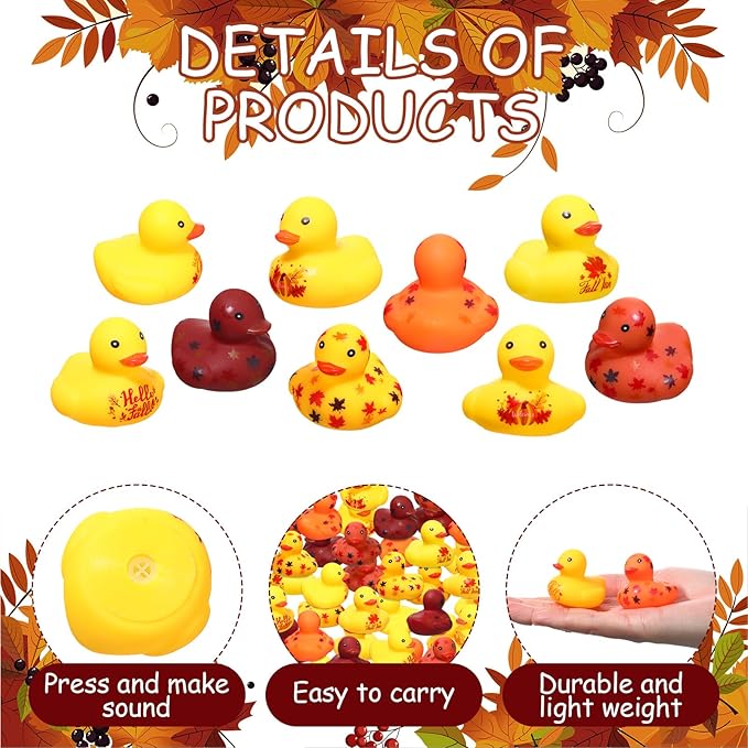 Hiboom 100 Pcs Thanksgiving Rubber Ducks 1.57 Inch Fall Rubber Duck with Leaf Pumpkin Printed Fall Themed Bathtub Toys Gifts Table Decor Thanksgiving Party Favor (Vibrant)