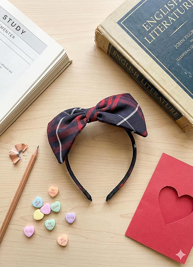ClassExceed School Headband, Plaid bow headband, back to school, available in variety of school plaids (Plaid 37 Classic Navy Red large plaid, Regular)