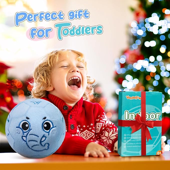 VangeBow Silent Indoor Soccer Balls for Toddlers 1-3, Inflatable Soft Plush Baby Toddler Soccer Ball Toys Gifts for 1 2 3 4 5 Year Old Boy Girl First Birthday Gift (Elephant, Pump Include)