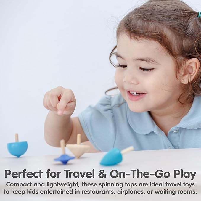 PlanToys® Mini Wooden Spinning Tops Set | 4 Colorful Eco-Friendly Montessori Toys for Toddlers | Travel Toys for Kids | Sensory Fidget Toys for Focus & Coordination