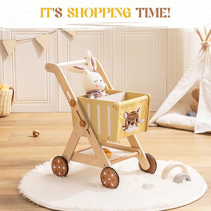 ROBOTIME Baby Walkers for Boys, Wooden Shopping Cart Toy for Toddler Kids, Height-Adjustable Wooden Push Walker, Sit to Stand Walker for Baby Learning to Walk