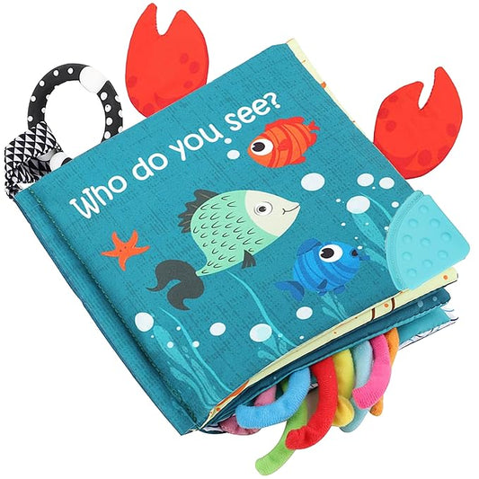 Fish Baby Books Toys, Touch Feel Cloth Crinkle Books for Babies,Baby Infant Toys 0-6, 6-12,12-18 Months,Early Learning Education, Easter Baby Gifts Shower for Boys Girls, Teething, Mirror,Shark Ocean