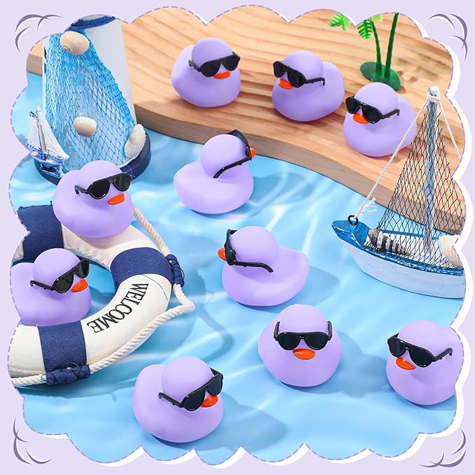Sosation 36 Packs Mini Rubber Ducks with Sunglasses Sets 2.2 Inch Bath Squeaky Rubber Duckies Cute Float Bathtub Toys for Birthday Party Favors Class Carnival Prizes Car Decor(Light Purple)