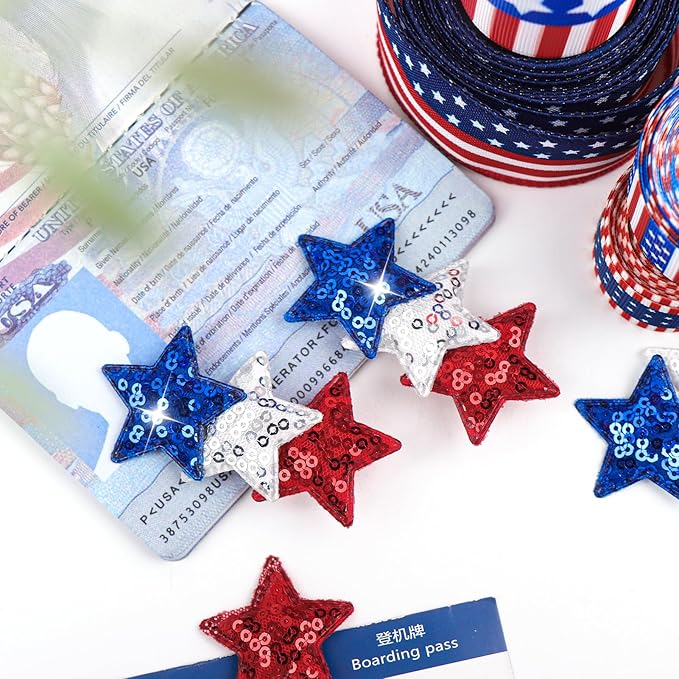 4th of July Baby Hair Clip Patriotic Star Bow Sequin Star Alligator Clip for Newborn Toddler 4th of July Hair Accessories for Kid Blue Red White Bow
