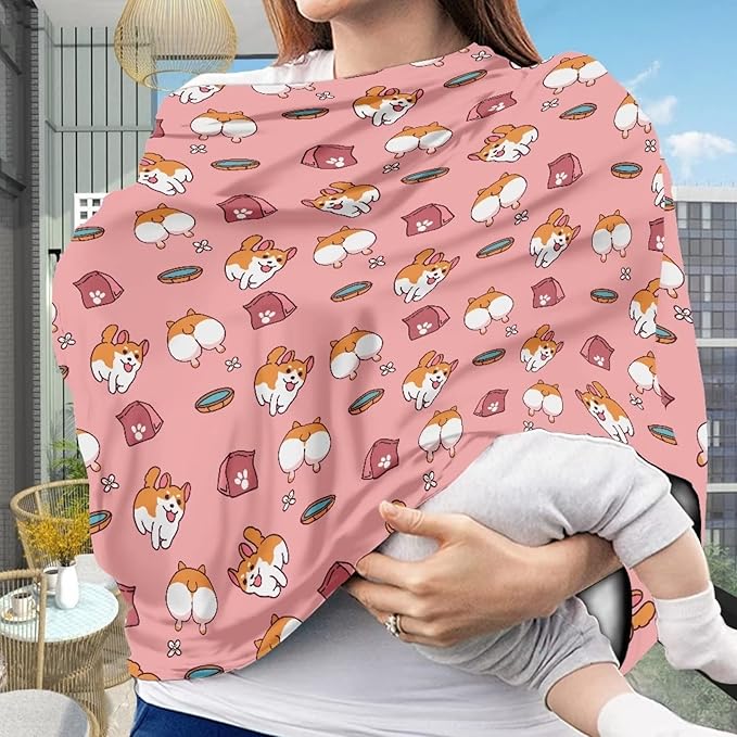 JEOCODY Pink Corgi Dog Print Multi Use Cover Soft Nursing Cover Elastic Carseat Canopy Stroller Cover Shopping Cart Cover
