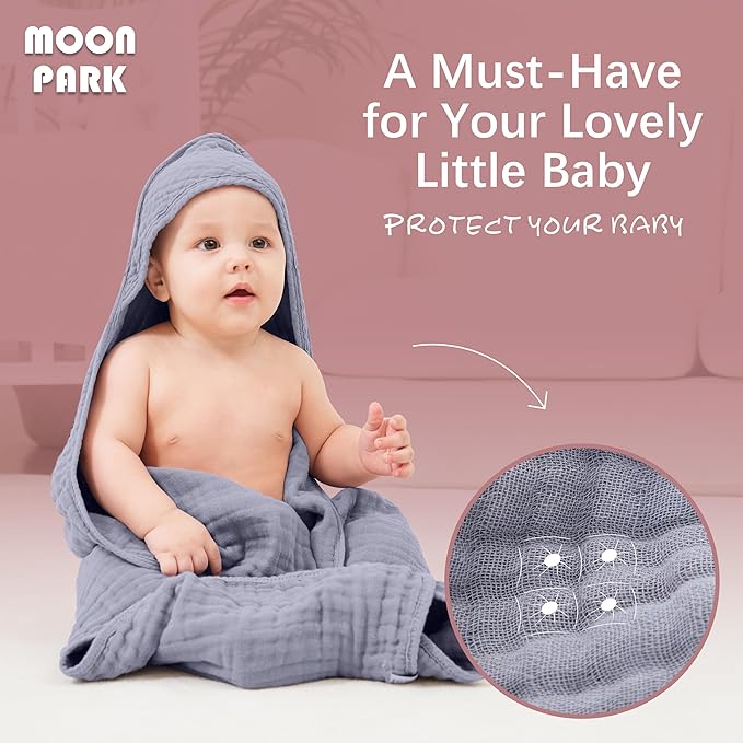MOON PARK 2 Pack Muslin Hooded Baby Bath Towels for Newborns, Infants, Toddlers - 100% Cotton - Large 32x32Inch Size - Highly Absorbent and Essential, Green and Grey