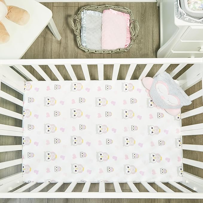 2 Pack n Play Mattress Sheets – 100% Percale Weave Cotton Soft Portable Crib Mattress Sheets for Girls with Owls/Hearts and Solid Pink Design; 2 Pc Playpen Mattress or Mini Crib Sheet Fitted Set