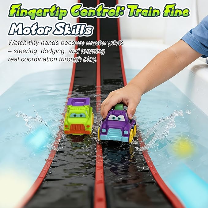 Race Car Bath Toy Set, Toddler Car Bath Toys, Flexible PVC DoubleTrack, Industrial-Strength Suction Cups, 8 Piece Set, CPC Certification, Kid's Bathtub Gift for Ages 3+