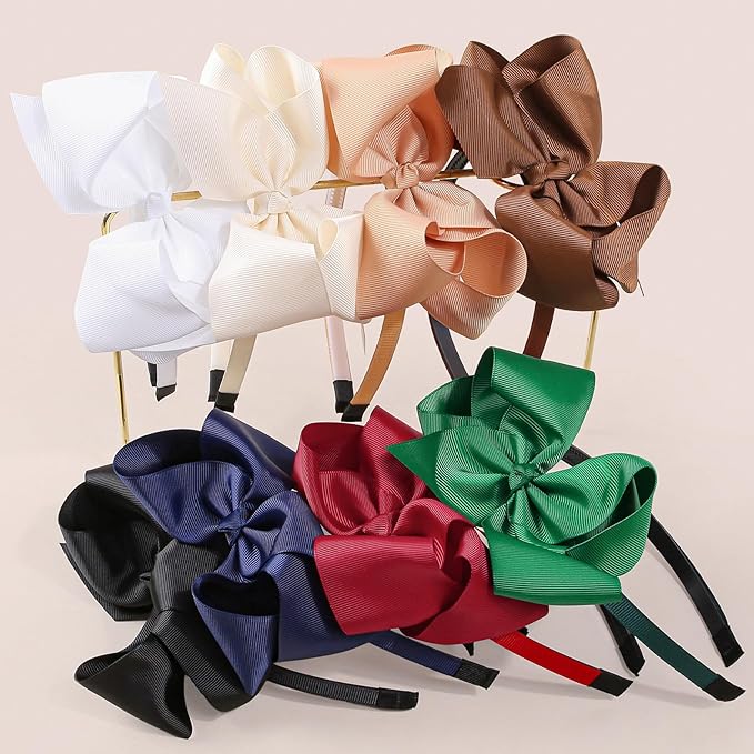 8pcs/set Girls' Big Bow Headbands, Assorted Colors Grosgrain Ribbon Hair Bows Hairbands for Baby Toddlers Kids