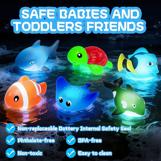 Light Up Bath Toys,No Hole Mold Free Baby Bath Toys,Ocean Animal Water-Activated Lights Flashes and Change Color,Sensory Lights Toys for Babies and Toddlers,Bathtub,Shower,Water Table, Pool