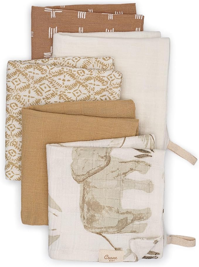 Crane Baby Wash Cloth Set, 100% Cotton Safari Animal Theme, Set of 5 Washcloths for Newborn, Muslin, Baby Registry Gift