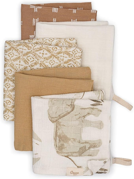 Crane Baby Wash Cloth Set, 100% Cotton Safari Animal Theme, Set of 5 Washcloths for Newborn, Muslin, Baby Registry Gift