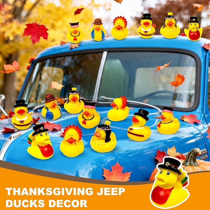 Thanksgiving Rubber Ducks, 12 Pack Turkey Ducks Bulk in 6 Styles Duckies Thanksgiving Party Favor Supplies Gifts for Kids Adults Parade Decorations Bath Duck Toys School Classroom Game Prizes