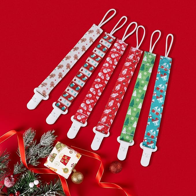 Baby Pacifier Clip,Paci Leash Binky Clips for Baby Boys and Girls,Newborn Essentials,Pack of 6 Gift Set. (Christmas)